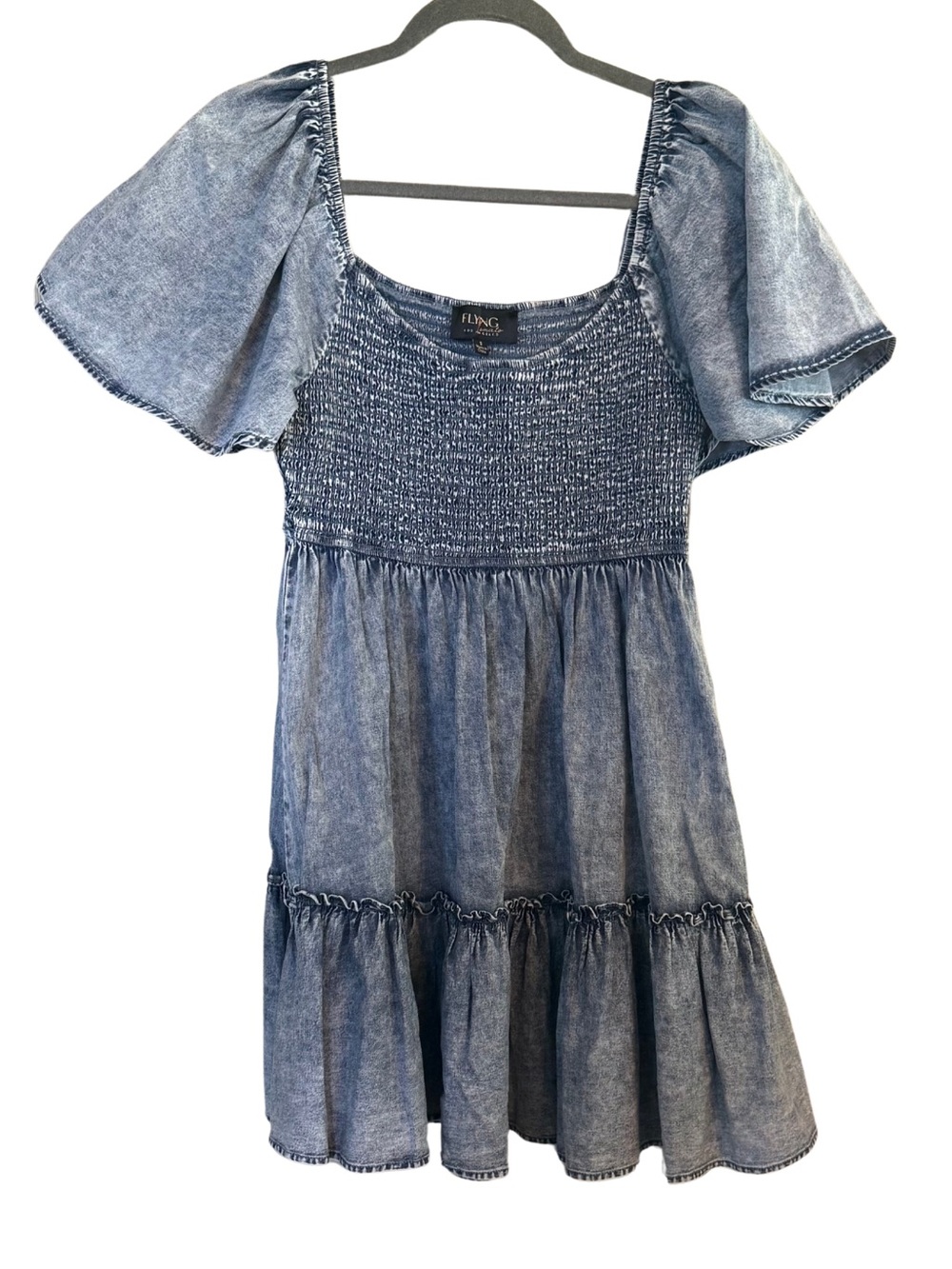 FLYING TOMATO Women’s Blue Denim Smocked Puff-Sleeve Dress